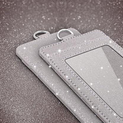 Life-Mate ID Badge Holder with 1 Clear ID Window, 1 Credit Card Slot and PU Leather Lanyard for Badge, Credit Cards, College ID Cards in Glitter Gray