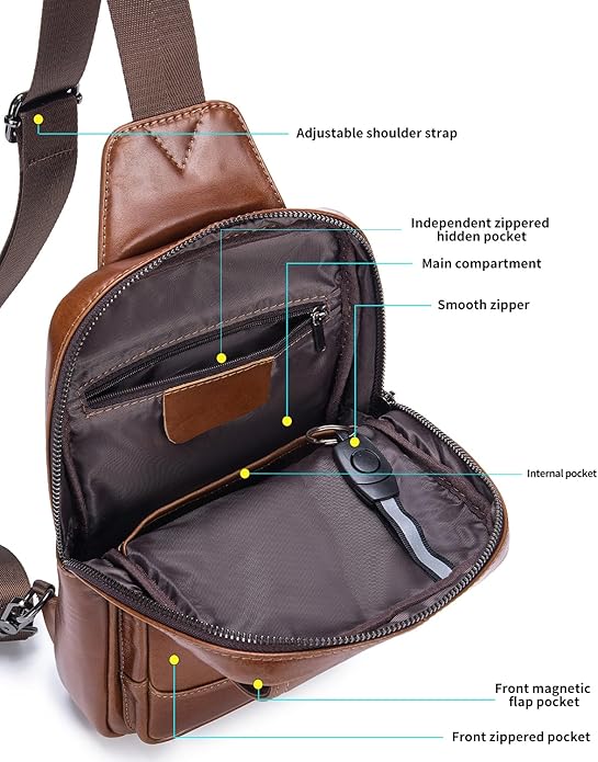 RAINBOW HORSE Brown Leather Chest Bag - Men's Genuine Leather Shoulder Pouch with Dual Front Pockets, Stylish Crossbody Sling for Travel & Work