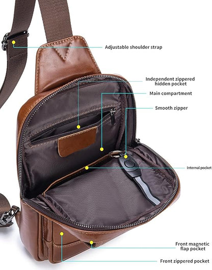 RAINBOW HORSE Brown Leather Chest Bag - Men's Genuine Leather Shoulder Pouch with Dual Front Pockets, Stylish Crossbody Sling for Travel & Work