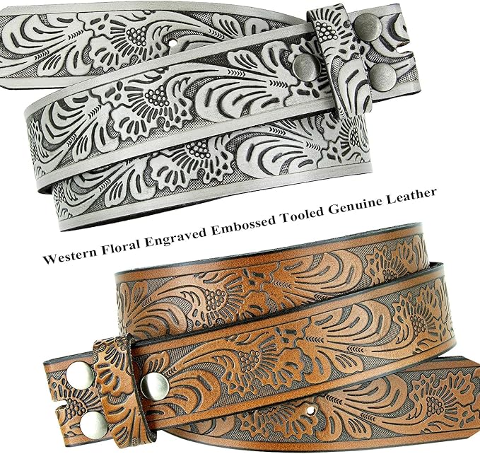 Western Floral Engraved Embossed Tooled Genuine Leather Belt Strap or Belt 1-1/2"(38mm) Wide, Multi-Style Options