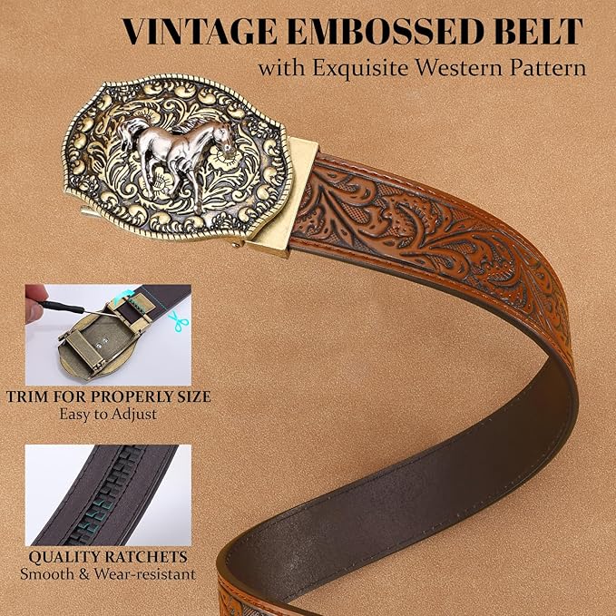 SANSTHS Western Cowboy Ratchet Belts for Men Women Leather Cowboy Belt with Automatic Western Buckle for Jeans Gifts