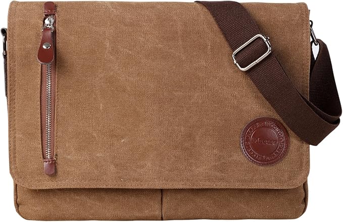 Mactso Vintage Canvas Messenger Bag for Men Women, 13.5 Inch Laptop Satchel Shoulder Bag with Multiple Pockets, Crossbody Bag for Work Travel College (Coffee-01)