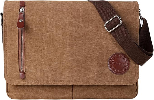Mactso Vintage Canvas Messenger Bag for Men Women, 13.5 Inch Laptop Satchel Shoulder Bag with Multiple Pockets, Crossbody Bag for Work Travel College (Coffee-01)