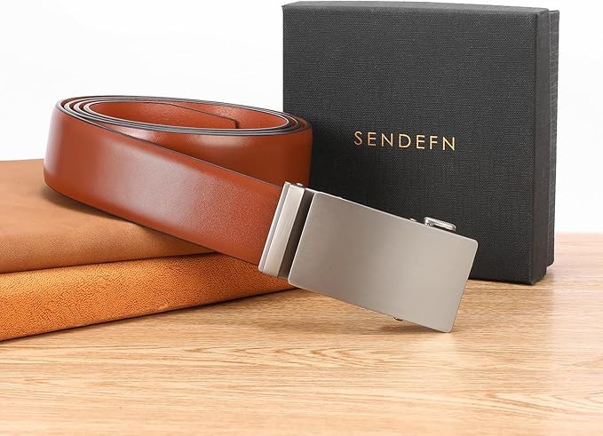 SENDEFN Men's Leather Belt - Automatic Ratchet Slide Buckle, Easy Trim-to-Fit Function, Packaged with Gift Box