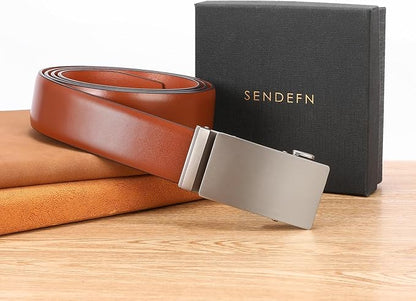 SENDEFN Men's Leather Belt - Automatic Ratchet Slide Buckle, Easy Trim-to-Fit Function, Packaged with Gift Box