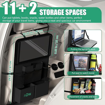 Plzpik Car Backseat Organizer with Tablet Holder,11 Storage Pockets with Foldable Food Tray, Protector Kick Mats for Kids, Travel Accessories Organizer (Black, 1Pack with Food Tray)