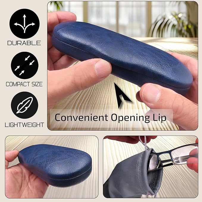 MyEyeglassCase Men's Medium Glasses Case - Classic Eyeglasses Hard Shell Holder, Elegant Easy Open Lip with Pouch and Cloth