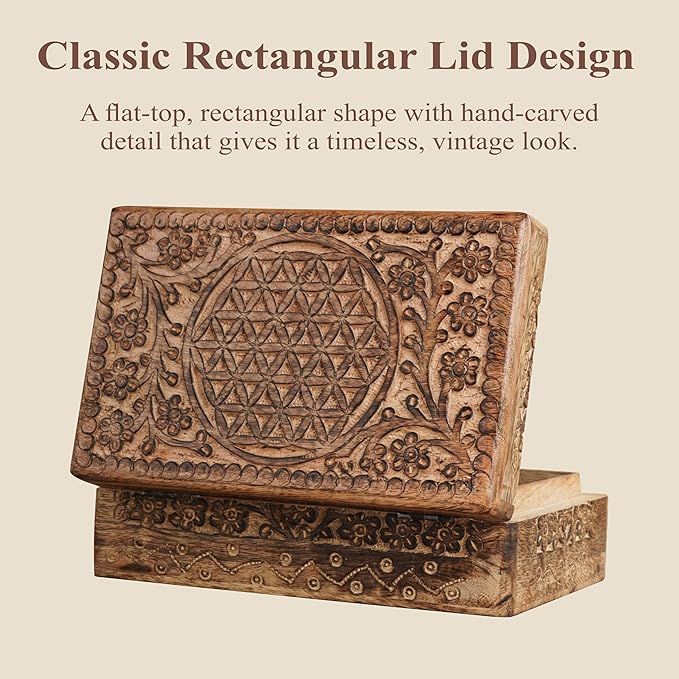 Ajuny Wooden Hand Carved Jewelry Box - Mango Wood Celtic Flower Carving Decorative Keepsake Box, Memory Box Organizer Travel Treasure Chest Trinket Holder Case Great Gifts 8x5 Inch