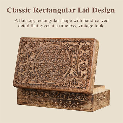Ajuny Wooden Hand Carved Jewelry Box - Mango Wood Celtic Flower Carving Decorative Keepsake Box, Memory Box Organizer Travel Treasure Chest Trinket Holder Case Great Gifts 8x5 Inch
