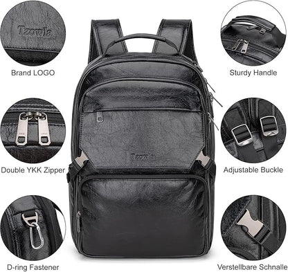 Tzowla Full Grain Genuine Leather Laptop Backpack for Men and Women,Business Work Travel Slim Daypack Fits 15.6 Inch Notebook/Computer-Black