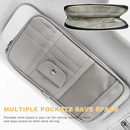 Car Sun Visor Organizer, Multi-Pocket Leather Auto Storage Pouch with Glasses Clip & Zippers, Multifunctional Sun Visor Storage Bag Ticket Organizer for Cars Trucks SUVs (Gray)