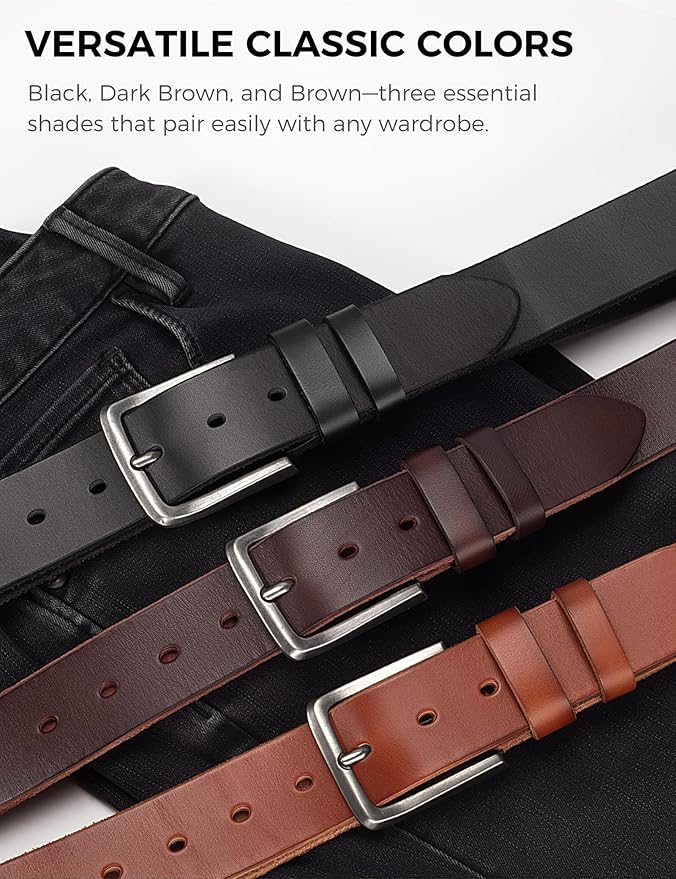 Men's Genuine Leather Belt - 1.5 Inch Casual & Work Belt with Metal Buckle