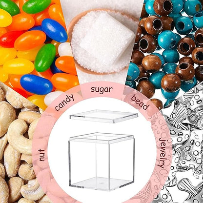 Acrylic Box Clear Acrylic Square Cube Display Boxes, Multi-Purpose Box Container Acrylic Boxes with Lids for Gifts Weddings Valentine's Day Party Favors Candy and Jewelry Storage Box