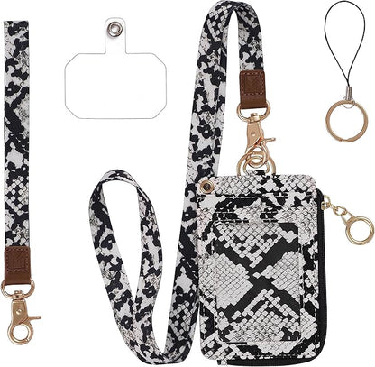 MONDO DESIGNS 2-in-1 ID Badge Holder & Lanyard Wallet - Multi-Use Womens Small Wallet with Removable Wristlet & Neck Lanyard, Clear Window, 5 Card Slots, Phone Holder, Ring Keychain - White Snake