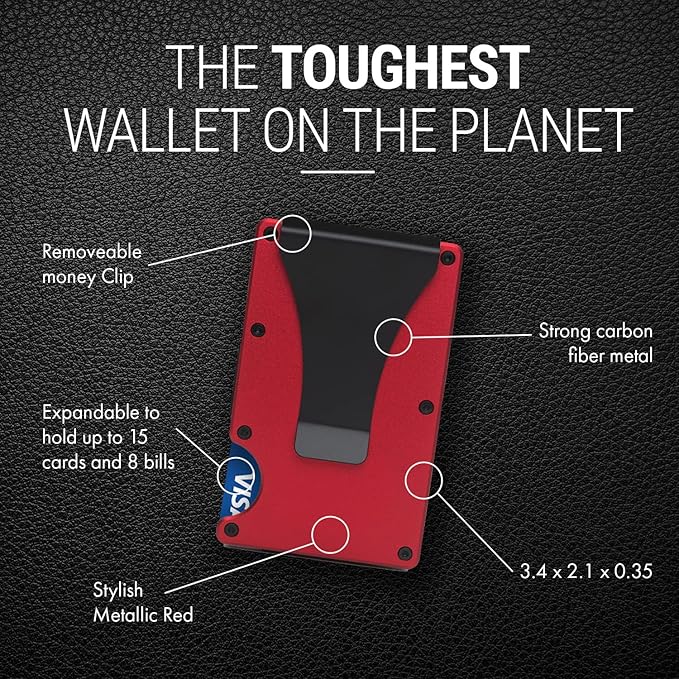 Minimalist Slim Wallet for Men,RFID Blocking Metal Wallet,Aluminum Credit Card Holder & Money Clip 12-15 Cards,Slim Rfid Front Pocket Mens Wallet,Matt Red