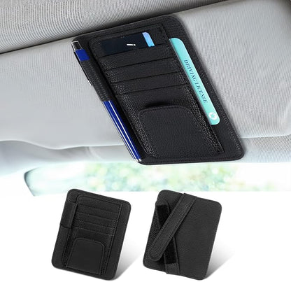Small Leather Car Sun Visor Organizer and Insurance Card Holder, Auto Car Sun Visor Organizer, Multifunctional Auto Interior Accessories Storage Pocket for Card License Registration Document, Pen, Key