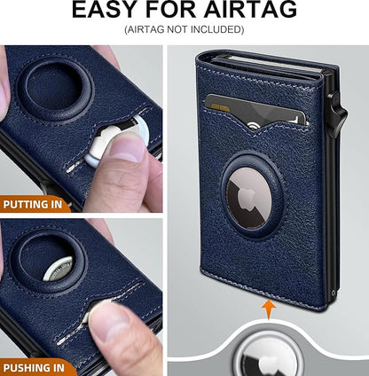 miyozi Airtag Wallet for Men,with Cash Pocket 2 ID Window 9-12 Cards,Metal Case Smart Slim Pop Up Credit Card Holder Flip with Magnetic Closure RFID Blocking Trifold wallet with Gift Box