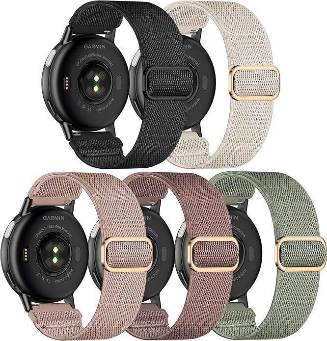 5 Pack Stretchy Nylon Watch Bands Compatible with Garmin Vivoactive 5/6/Forerunner 55/165,20mm Soft Elastic Fabric Adjustable Replacement Sport Straps for Garmin Venu Sq 2 Women Men