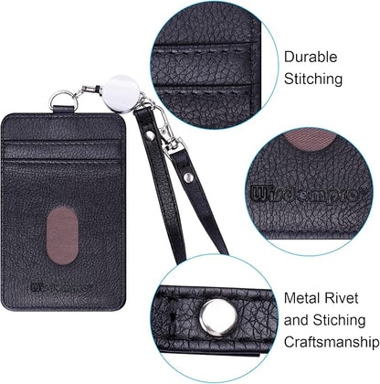 Wisdompro Badge Holder with Wrist Lanyard, 2-Sided PU Leather ID Card Holder Wallet Case with Wristlet Strap and Retractable Reel, Easy Swipe for Work, School, Metro and Access Card - Black