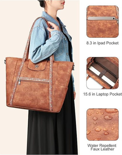 FADEON Large Laptop Tote Bag for Women Designer Leather Laptop Bag Fashion Travel Backpack Purse Shoulder Handbag