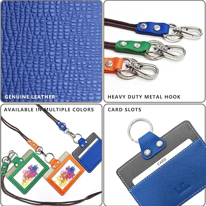 Badge Holder: Boshiho Cowhide Leather ID Badge Card Holder with 19" Neck Lanyard, Horizontal Style (Blue-Dark Gray)