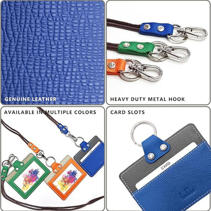 Badge Holder: Boshiho Cowhide Leather ID Badge Card Holder with 19" Neck Lanyard, Horizontal Style (Blue-Dark Gray)