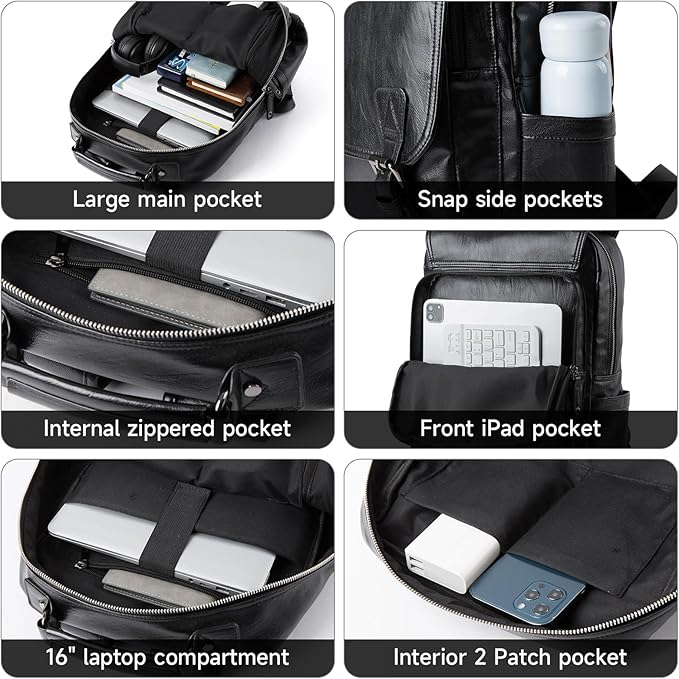 Leather Travel Laptop Backpack For Men Fit 15.6" Waterproof Vintage Backpack Business Work Knapsack College Commute Hiking Black Backpacks
