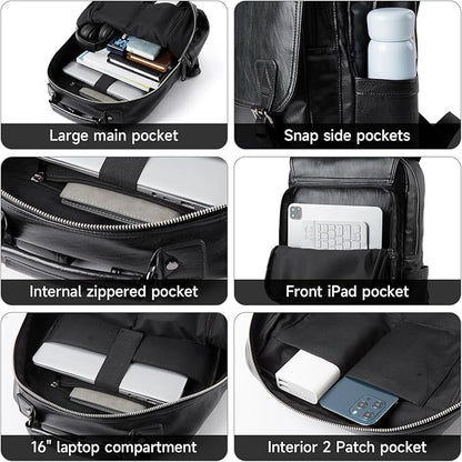 Leather Travel Laptop Backpack For Men Fit 15.6" Waterproof Vintage Backpack Business Work Knapsack College Commute Hiking Black Backpacks