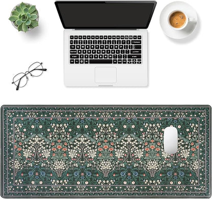 MOSISO Large Mouse Pad Gaming Mousepad, 35.43 x 15.74 inches Vintage Floral Cluster PU Leather Mousepad with Anti-Slip Base&Stitched Edges, Keyboard Pad Mouse Mat for Desktop/Office/Home, Green