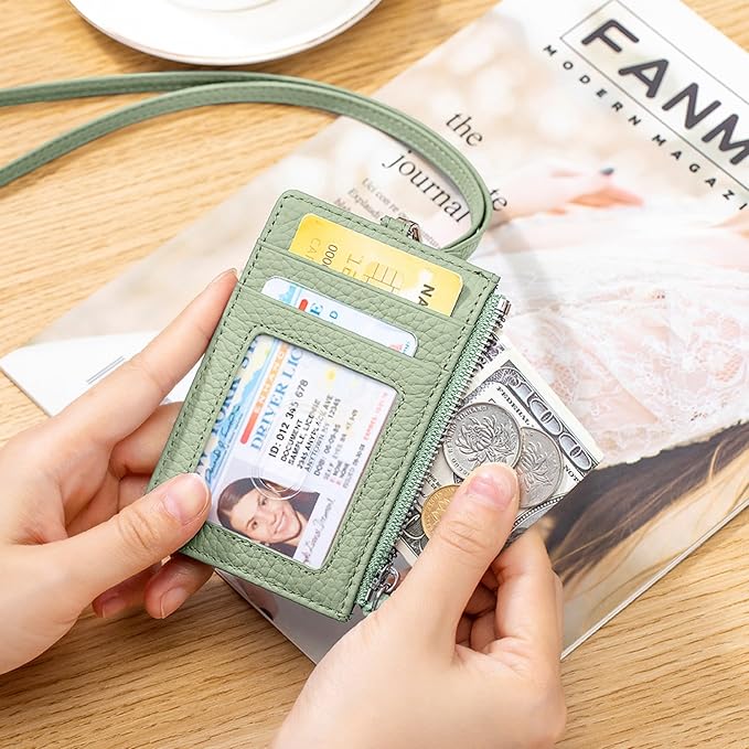 2-in-1 Leather ID Badge Holder with Wallet for Work, Multifunction ID Case with Credit Card Slots & Cash Coin Pocket, Slim Wallet with Lanyard for Women Men Nurse Teacher (Light Green)