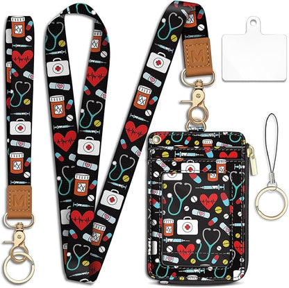 Pharmacy Nurse Lanyard Wallet with ID Badge Holder, RN Small RFID Wallet Women Keychain Wristlet, Slim Credit Card Holder with Zipper Pocket Phone Lanyard Wrist Strap Name Tag Office Teacher Doctor