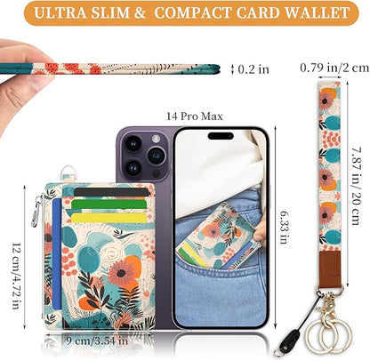 Hancynir Slim Wallet Women Credit Card Holder, Abstract Boho Floral RFID Blocking Front Pocket Wallet Wristlet Keychain Lanyard, Small Cute Thin Travel Zipper Coin PU Leather Card Case Organizer Gifts