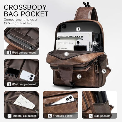 MOYYI EDC Crossbody Bag for Men Leather Sling Bag, Tactical Chest Bag with USB Charging Port, 7L Small Casual Daypacks for Travel