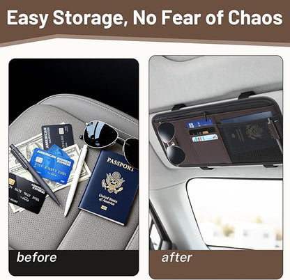 Car Visor Organizer,Premium Leather with a Hidden Zip Pocket, Sunglasses Organizer,3 Card Slots and a Stretch Mesh Pocket,Easy Installation,Compatible with Car Accessories for Vehicle, SUV, Truck