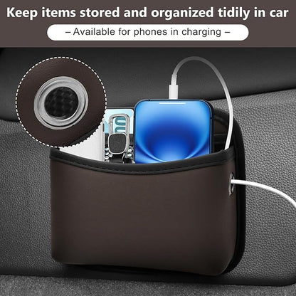 Car Seat Side Storage Pocket, Small Car Seat Organizers PU Leather Car Console Organizer Pocket Multifunctional Console Side Organizer Bag for Phone, Keys, Sunglass, Wallet (2Pack, Brown)