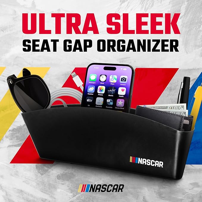 NASCAR Car Seat Gap Filler Organizer (2 Pack)| Universal Fit | Easy Install Car Console Organizer for Essentials, Seat and Console Gap Filler | Car Side Seat Gap Organizer w/Storage Pockets | Black