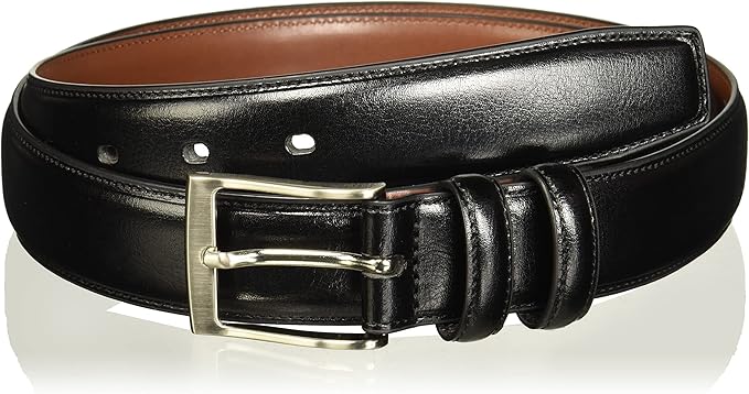 Perry Ellis Men's Hc Milled Leather Belt, Stitched, Two Loops, Antique Silver Buckle, 1.5” Width (Available in Big & Tall)