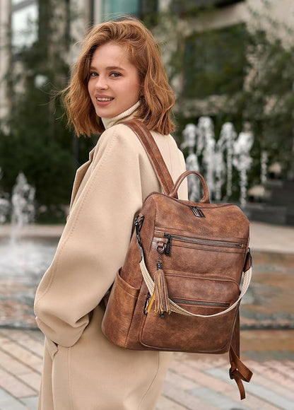 Shrrie 15.6 inch Laptop Backpack for Women,Large Leather Backpack Purse,Travel,Carry on,Water Resistant Casual Laptop Backpacks,College Backpack,Work Backpack for Women,Two-toned Brown