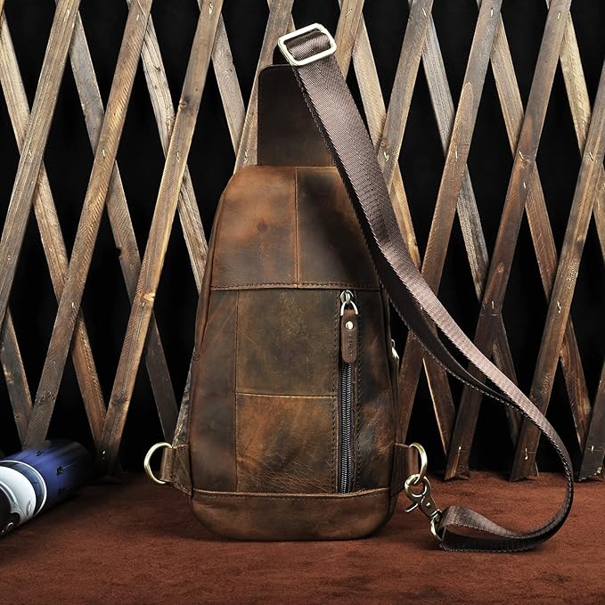 Le'aokuu Men Outdoor Casual Travel Hiking Tea Crossbody Chest Sling Bag Rig One Shoulder Strap Bag Backpack Men Leather