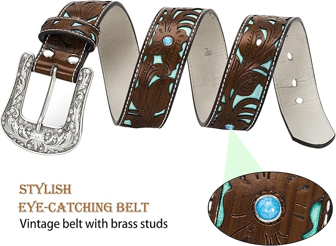 INOGIH Adjustable-Vintage-Western-Cowboy-Belt Women Men - Cowboy-Style Engraved-Buckle Belt for Jeans Pants Dresses