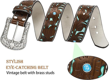 INOGIH Adjustable-Vintage-Western-Cowboy-Belt Women Men - Cowboy-Style Engraved-Buckle Belt for Jeans Pants Dresses