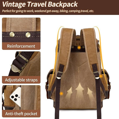 Wogarl Leather Backpack for Men, Waxed Canvas Vintage Backpack Rucksack for Business College Travel Hiking Shoulder Daypacks With Toiletry Bag(Khaki)