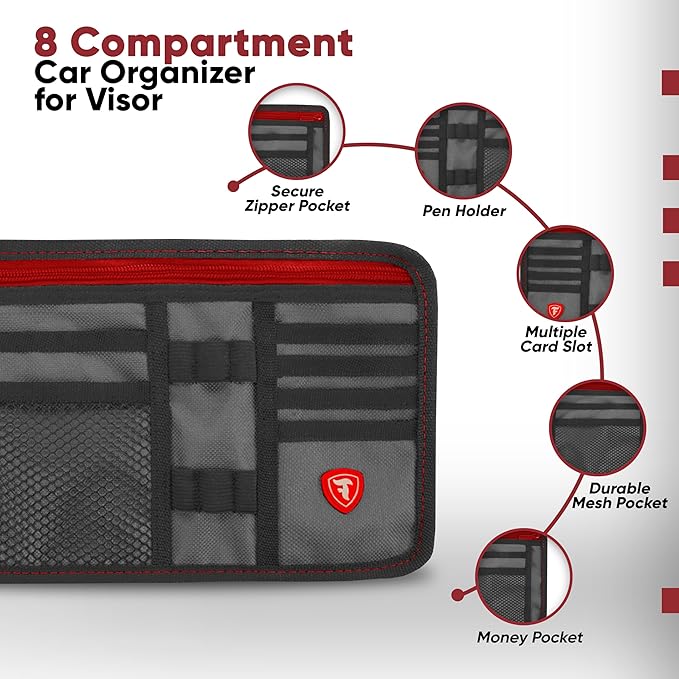 Firestone 2 Pack Sun Visor Organizer Car Accessories for Men & Women, Multi Pocket Visor Storage with Pockets & Card Slots, Eyeglass Holder, Document Holder & Pen Slots - Fits Most Vehicles, Charcoal