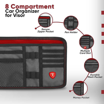 Firestone 2 Pack Sun Visor Organizer Car Accessories for Men & Women, Multi Pocket Visor Storage with Pockets & Card Slots, Eyeglass Holder, Document Holder & Pen Slots - Fits Most Vehicles, Charcoal