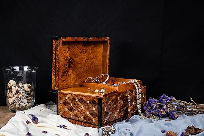 HandCarved Wooden Box with Hinged Lid Multipurpose Keepsake Jewelry Decorative Art Decorative Wood Walnut Box with lids- Storage Organizer Antique (Mother of pearl XX-large)