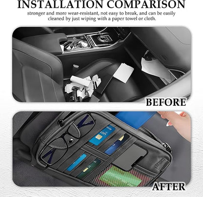 Upgrade Car Visor Organizer,Multipurpose Car Sun Visor Organizer with Sunglasses Holder for Storage Bank Cards,Driver's License,PU Leather Truck Visor Organizer for Most Vehicles (Black)