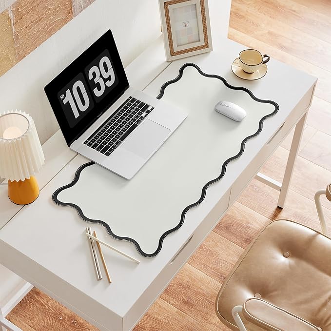 Ralxion Scalloped Desk Mat, 31.5" x 15.7", PU Leather, Waterproof Anti-Slip, Cute Aesthetic Desk Pad for Office/Home/Game/Vanity (Black, Large)