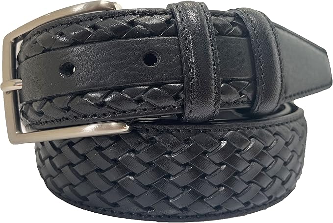 MENS ITALIAN HAND MADE LEATHER BRAID WEAVED EMBOSSED 35MM TROUSER BELT CASUAL FORMAL