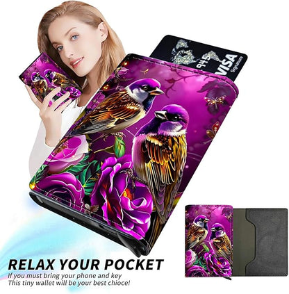 Minimalist Wallet for Men's Card Holders, Pop-Up Card Case Wallets for Women, Leather Automatic Credit Card Holder with Metal Money Clip RFID Blocking Bifold Pocket, 2 Hummingbird Flowers