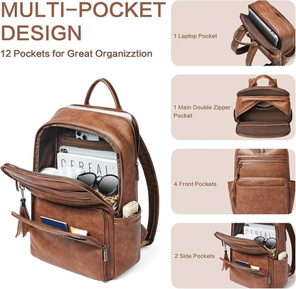 Leather Laptop Backpack for Women,Leather Backpack with Laptop Compartment Fit 15.6 inch Laptops,Carry-on Travel Backpacks,Casual Daypack for Work Business Weekender College,Brown